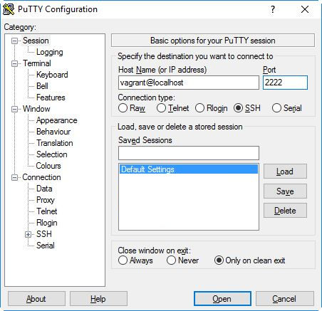 PuTTY configured to connect to a virtual machine